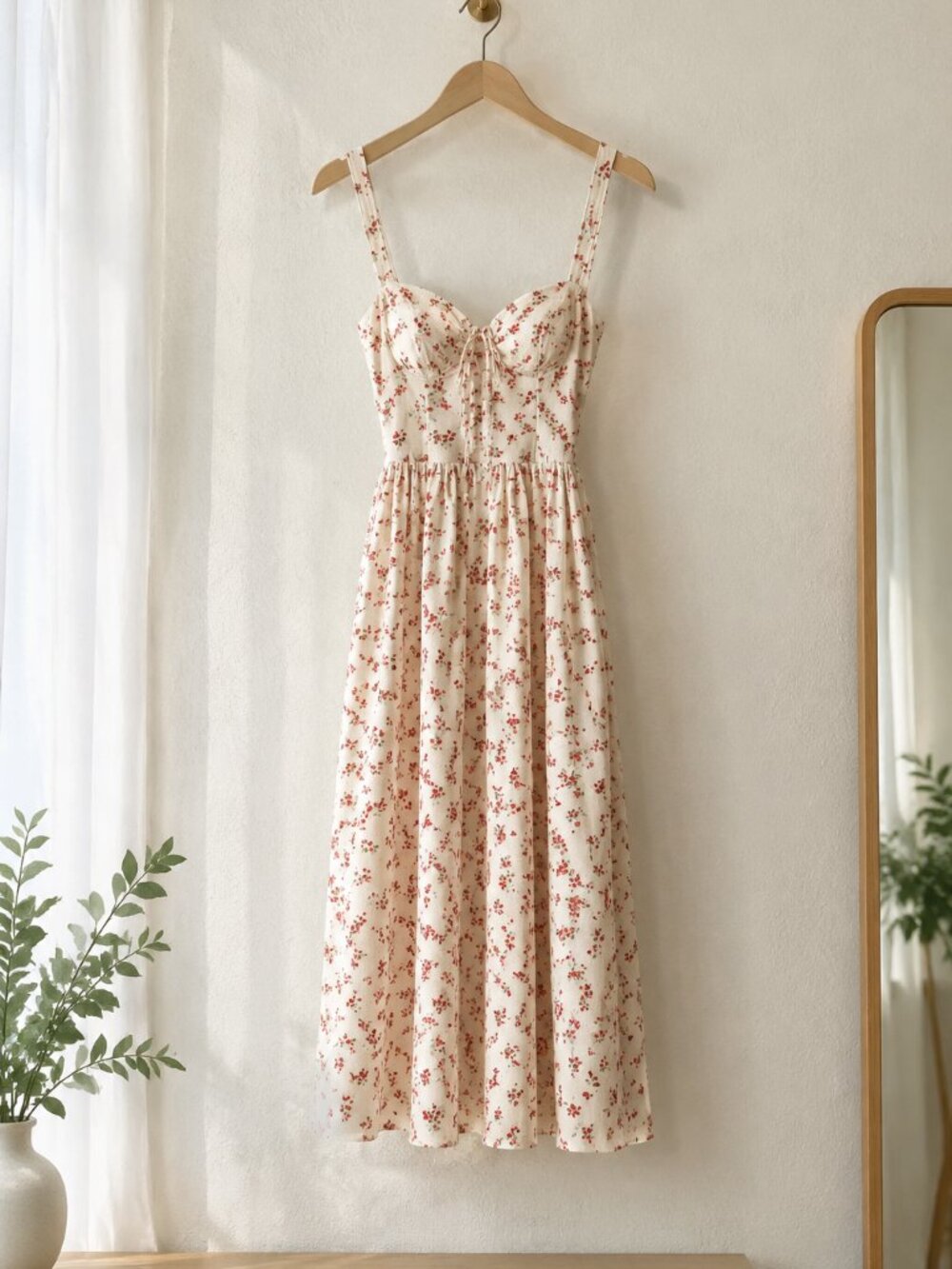 Ivory Red Floral Corset Midi Dress Tie Front Cottagecore Sundress
